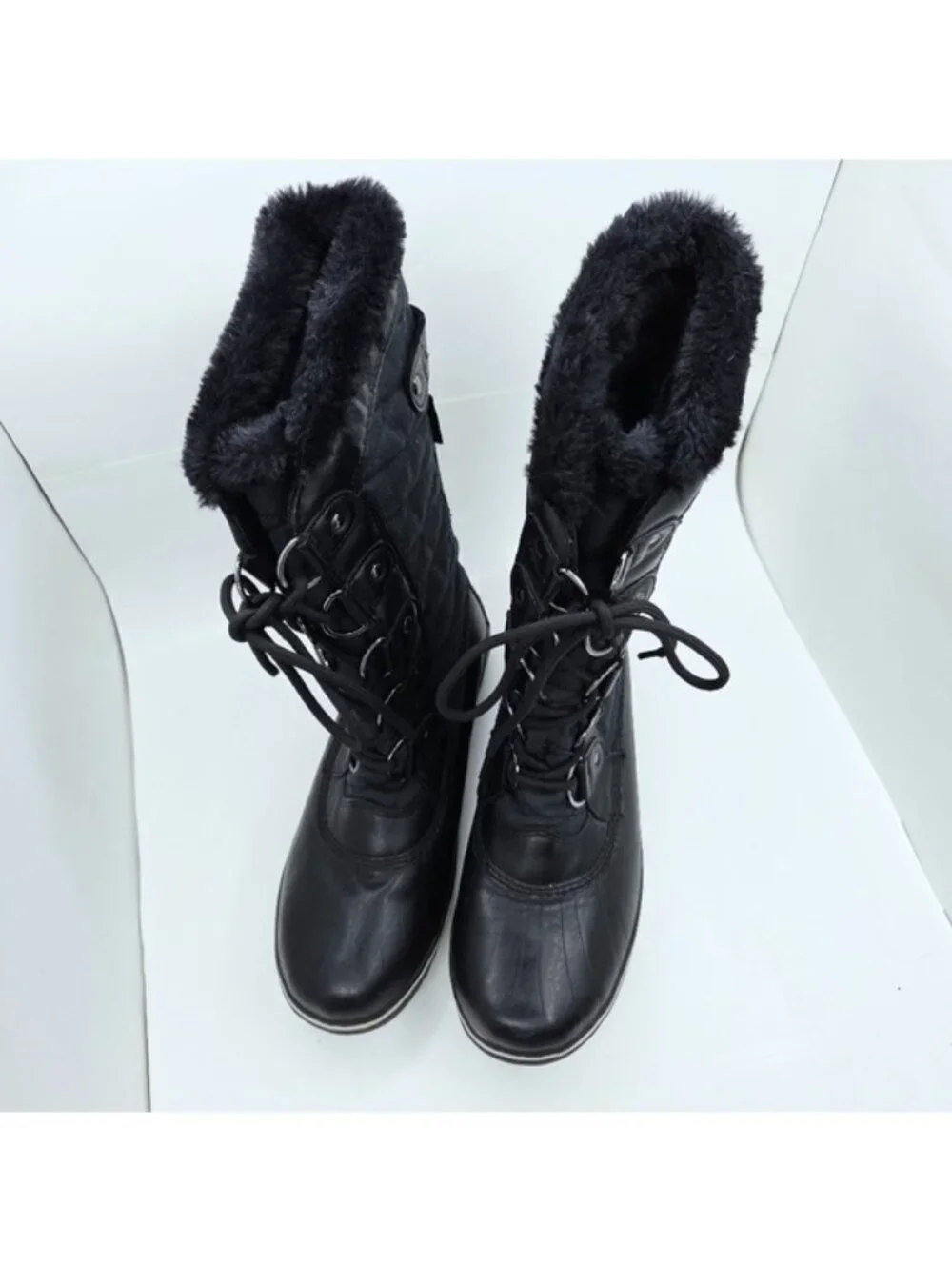 JBU Lorna Black Faux Fur Lined Quilted Lace Up Winter Snow Boots Women's Size 6
